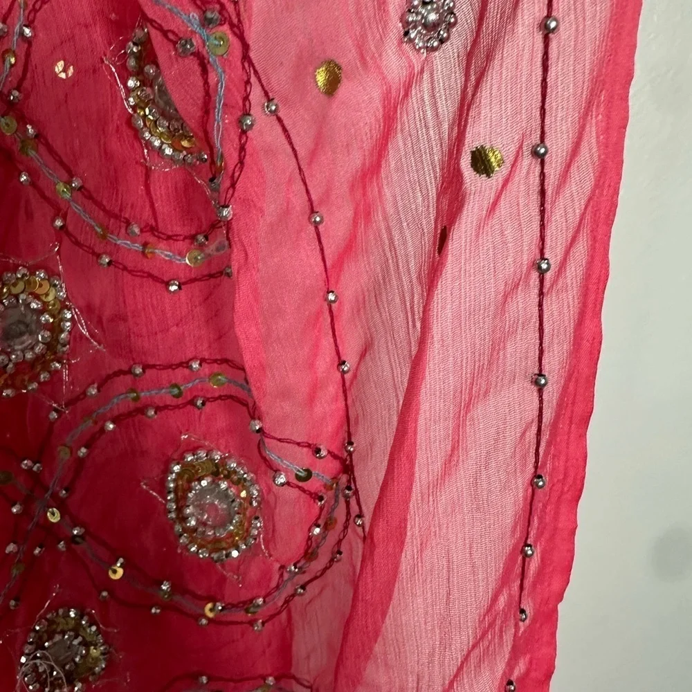 Raj Pink Silk with Gold Embellishments Embroidered Scarf Stunning! 70” x 32”